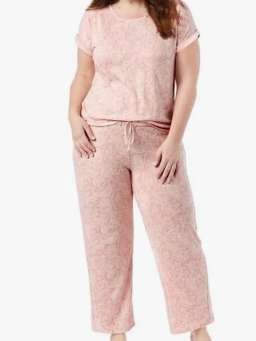 Lucky Brand Pajama Pink Paisley Short Sleeve Top & Matching Wide Leg Pants Set